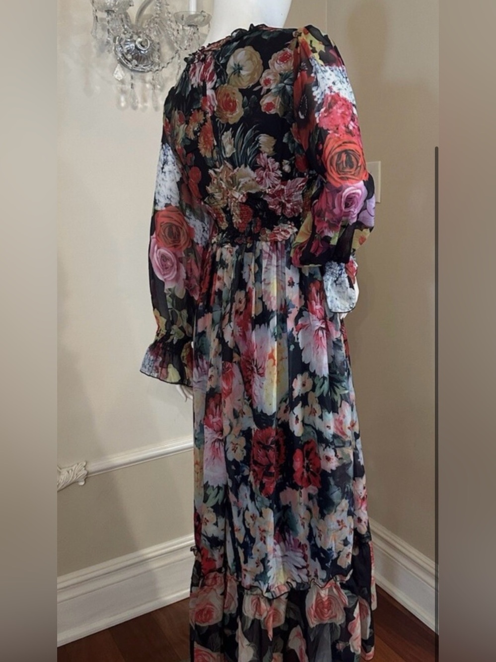 Dalia Macphee VIBRANT Floral Chiffon Smocked Waist Maxi Dress MEDIUM GORGEOUS - Picture 3 of 16